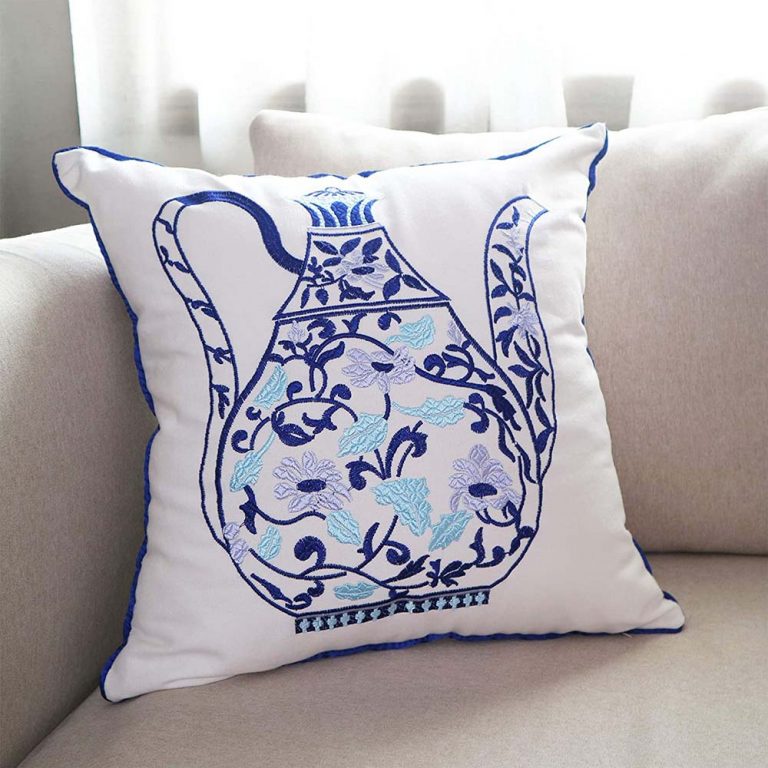 Cushion Cover Embroidered Blue White Chinoiseries Vases – Set of 4