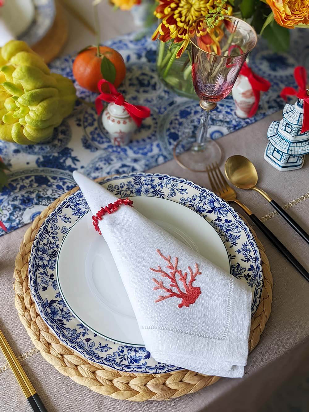 White Linen Napkin with Red Coral Hand Embroidery