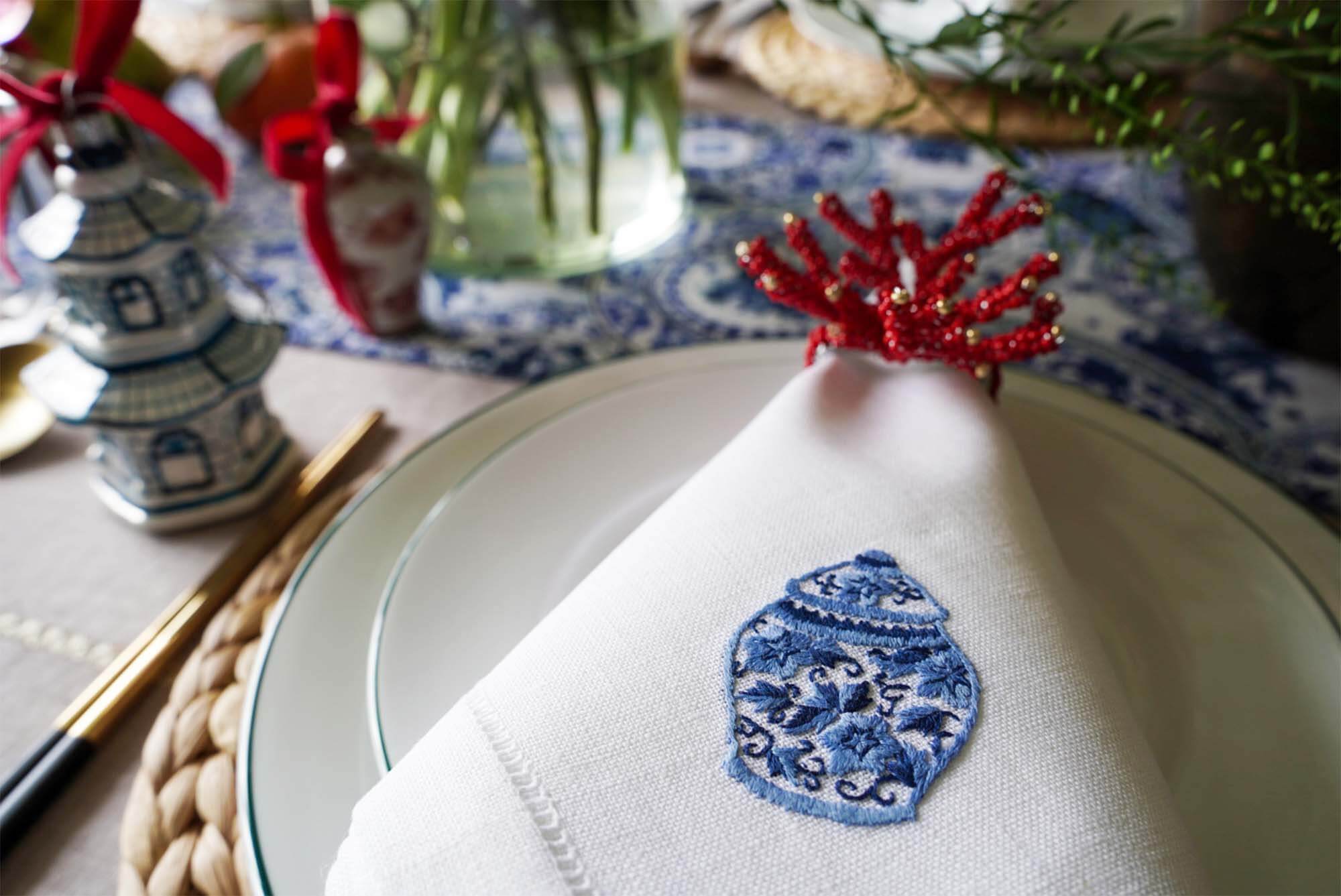 White Linen Napkin with Blue White Chinoiserie Ginger Jar Hand Embroidery