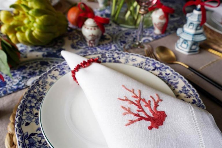 White Linen Napkin with Red Coral Hand Embroidery