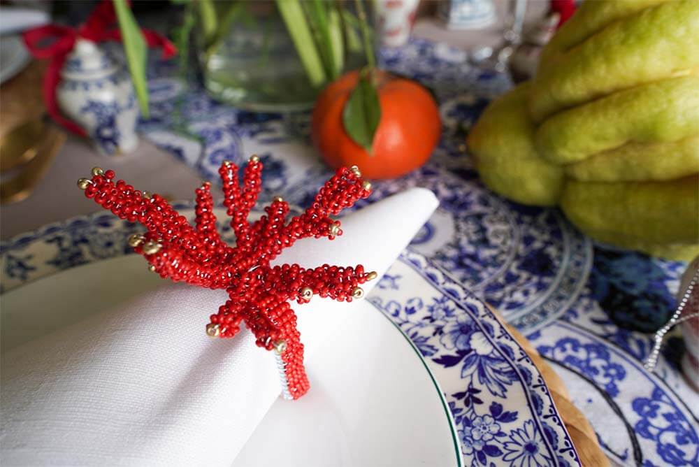 Red Beaded Coral Napkin Ring – Set of 2