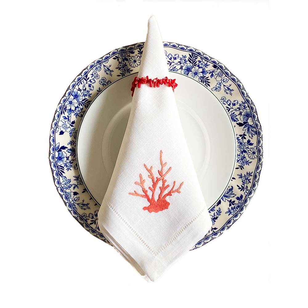 White Linen Napkin with Red Coral Hand Embroidery