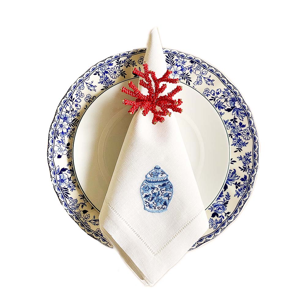 White Linen Napkin with Blue White Chinoiserie Ginger Jar Hand Embroidery