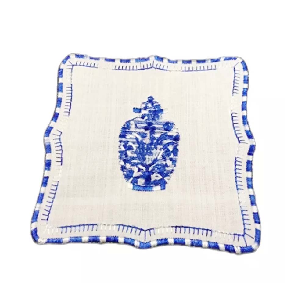 Linen Cocktail Napkin with Blue White Chinoiserie Ginger Jar Embroidery – Set of 6