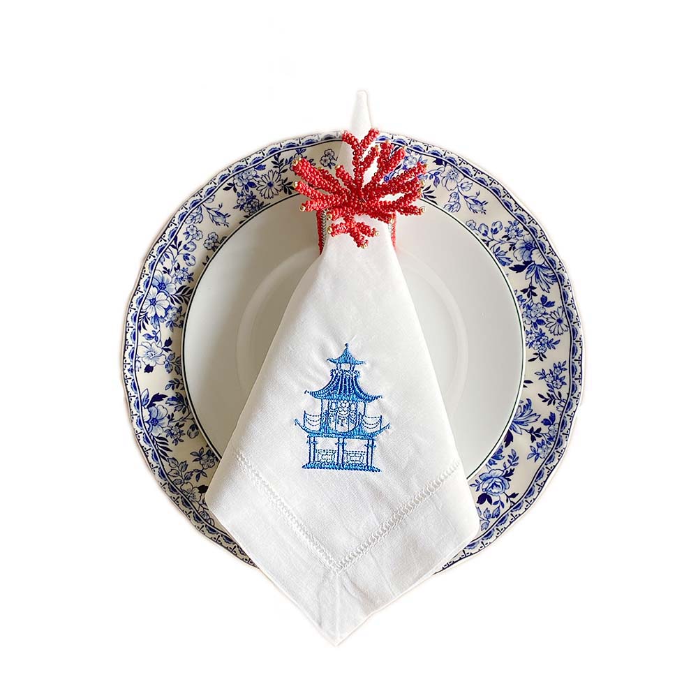 White Linen Napkin with Blue White Chinoiserie Temple Embroidery