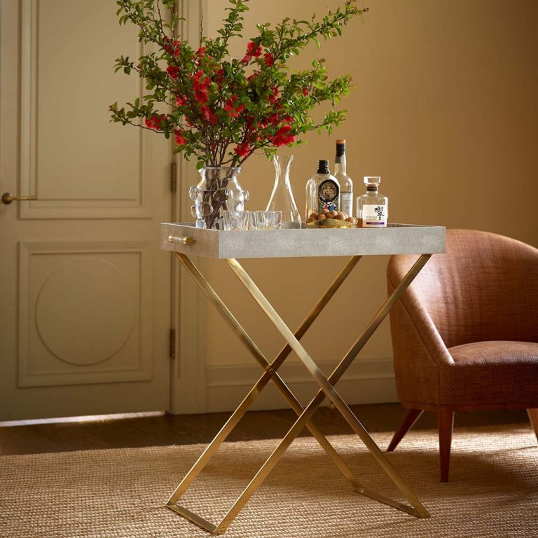 Shagreen Tray Table in Grey with Cast Copper Legs