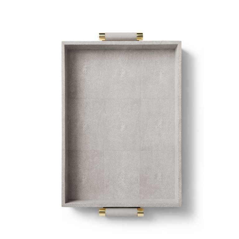 Shagreen Tray in Grey with Brass Handles