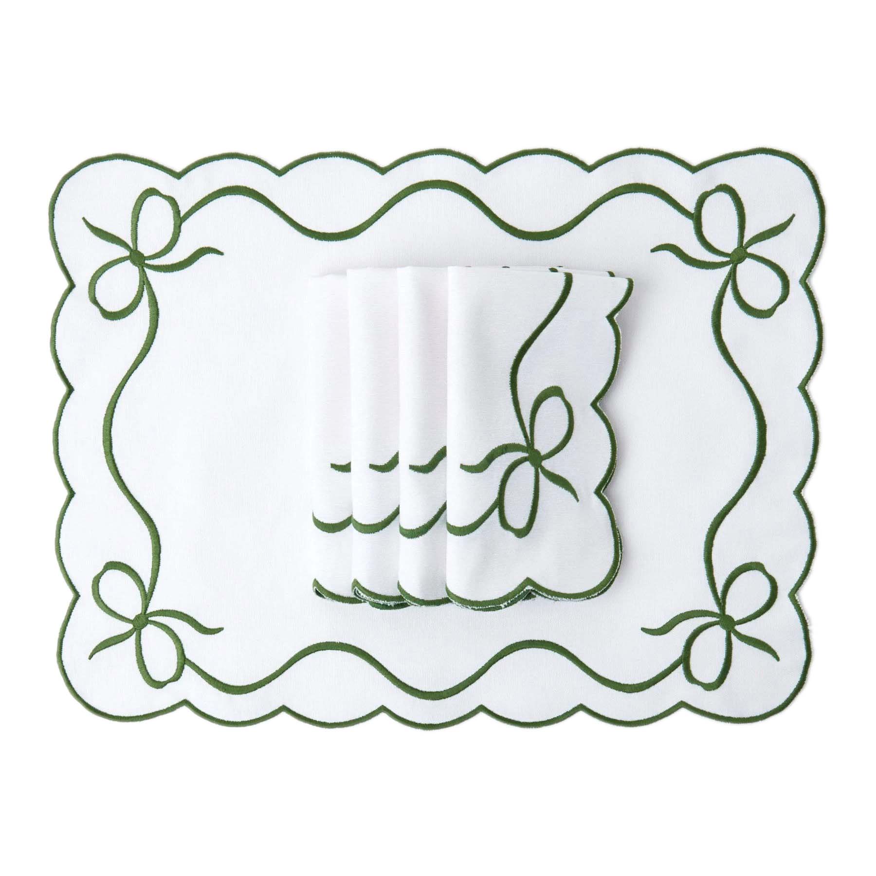 Placemat & Napkin in White with Green Bow Embroidery – Set of 2