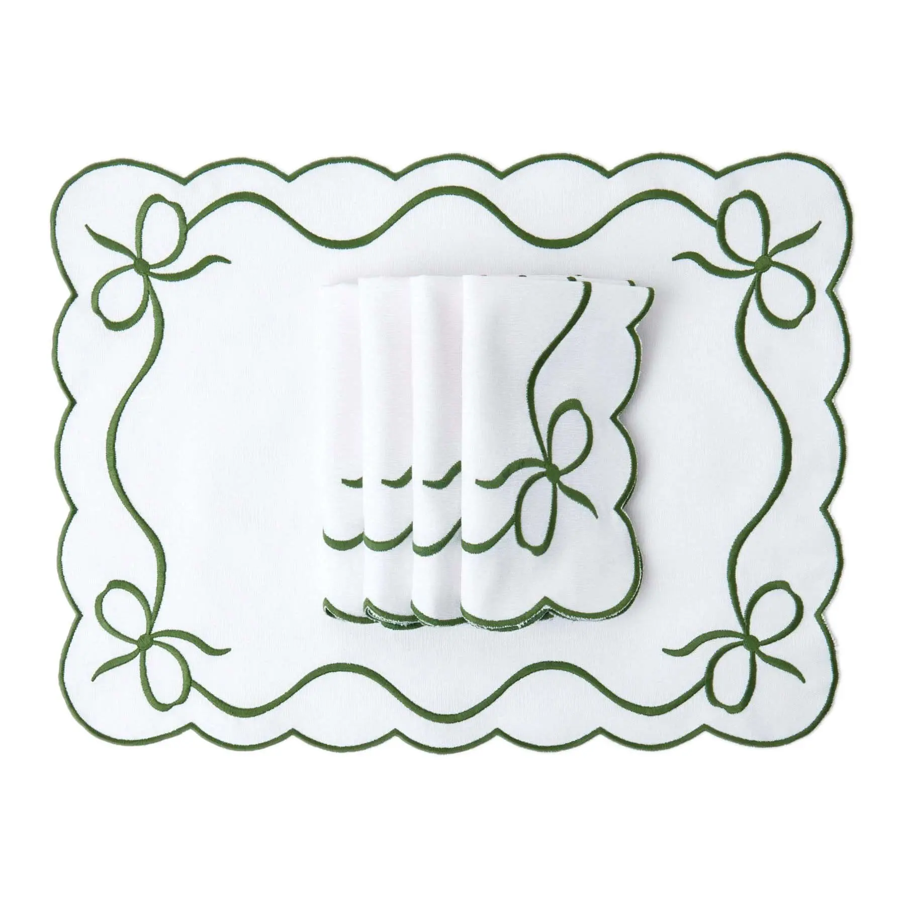 Placemat & Napkin in White with Green Bow Embroidery – Set of 2