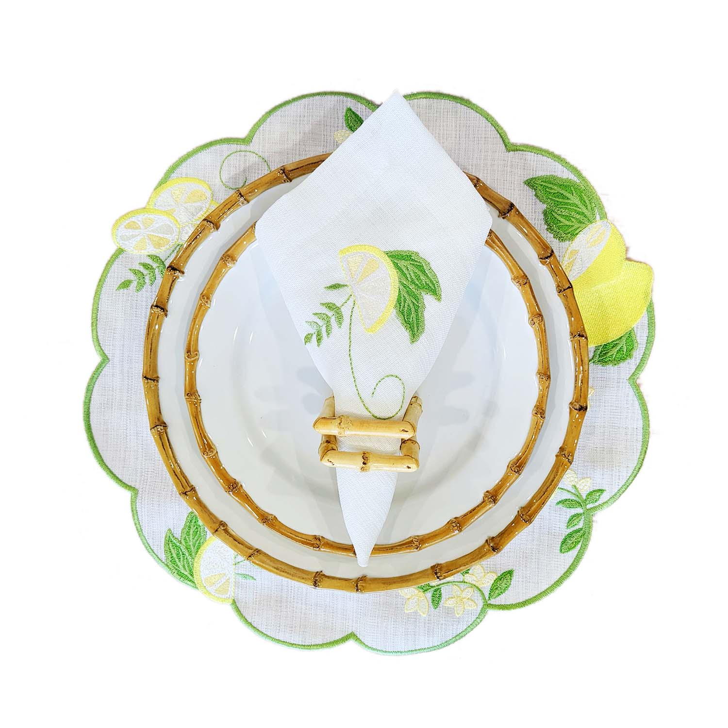 Linen Placemats & Napkins with Lemon Embroidery with Plates