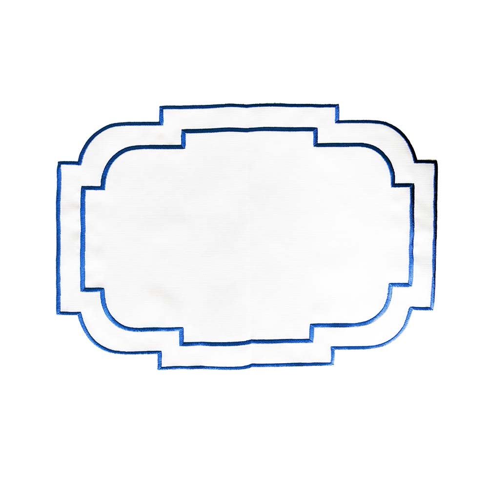 White Linen Placemats with Blue Embroidered Frame