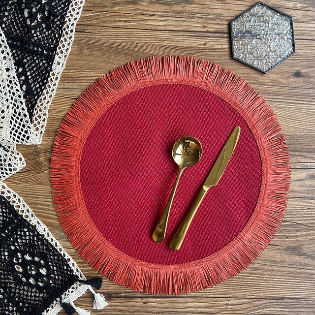 Round Jute Placemat in Red on Table