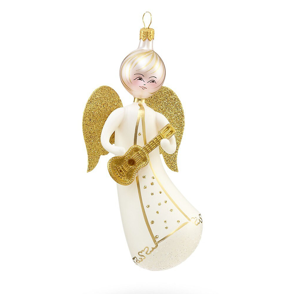 Gold Angel Holding a Guitar Mouth blown 16cm Glass Ornament – Soffieria De Carlini