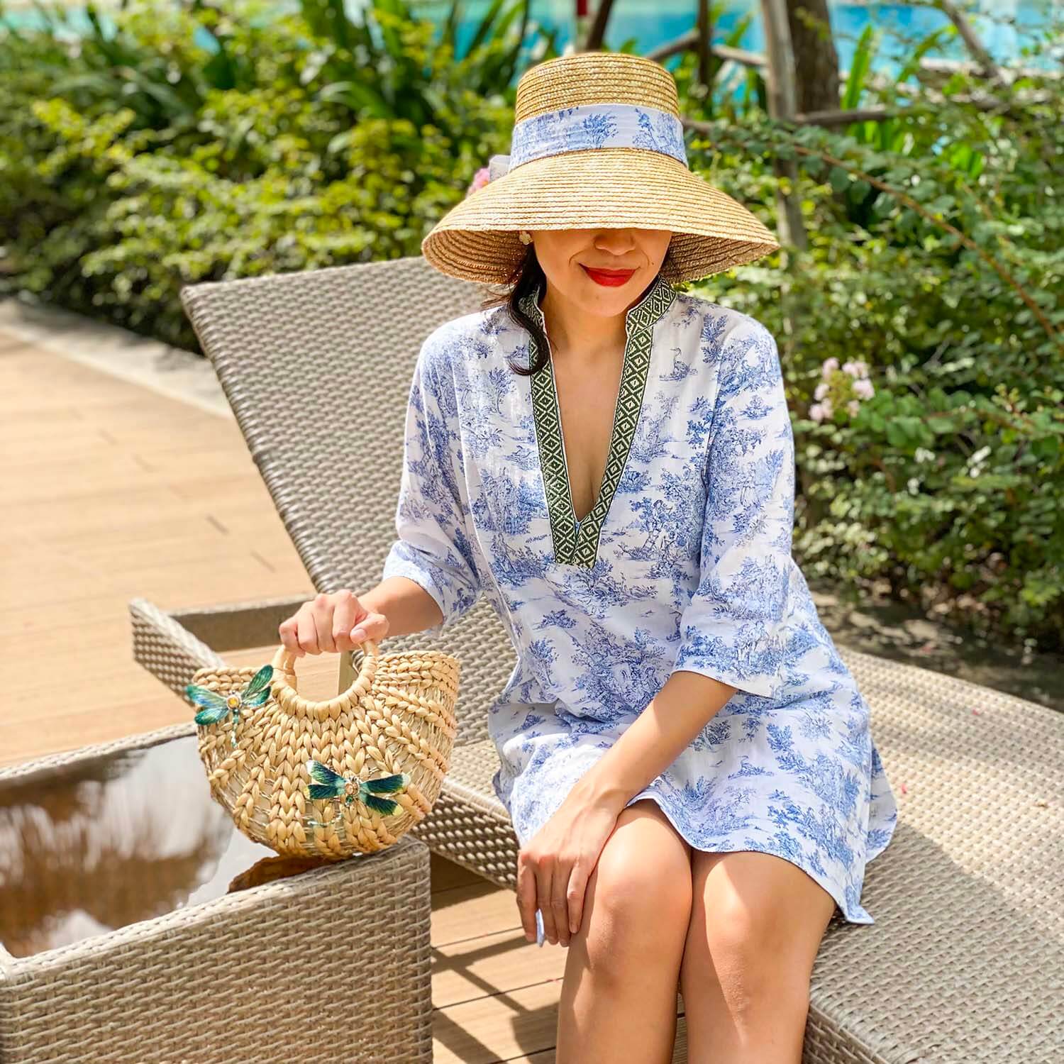 Đầm Kaftan Coverup vải Toile de Jouy xanh dương