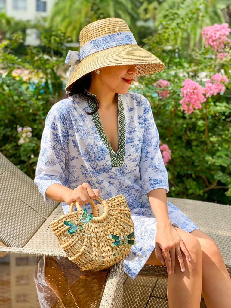 Đầm Kaftan Coverup vải Toile de Jouy xanh dương