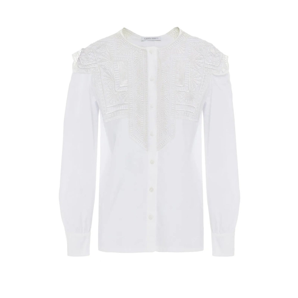 Áo kiểu tay dài ren Guipure trắng – hiệu ALBERTA FERRETTI