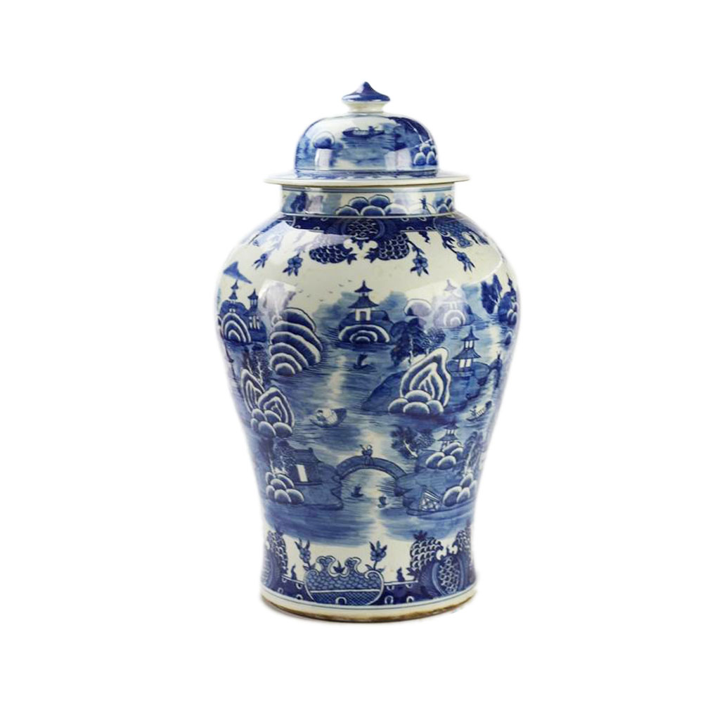 Blue White Chinoiserie Ginger Jar Hand-painted Water Town 64cm