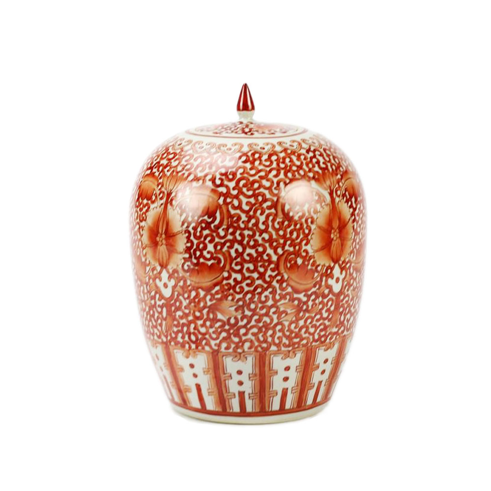 Coral Ceramic Melon Jar with Double Lotus