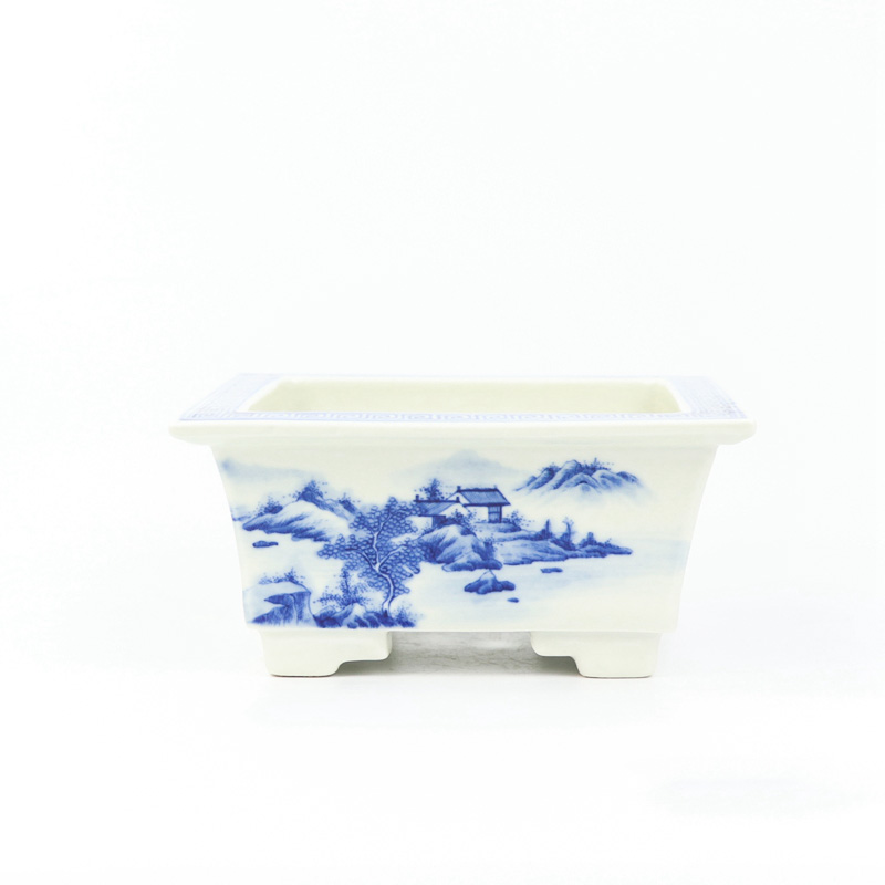 Blue White Chinoiserie Bonsai Planter Hand-painted with Natural Scenery