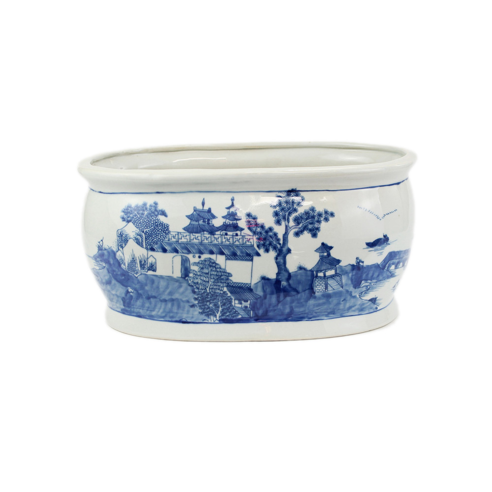 Blue White Chinoiserie Planter Hand-painted Natural Scenery