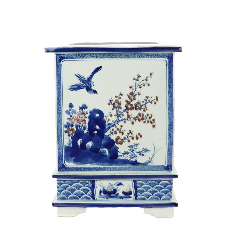 Blue White Chinoiserie Planter with Hand-painted Flowers & Birds