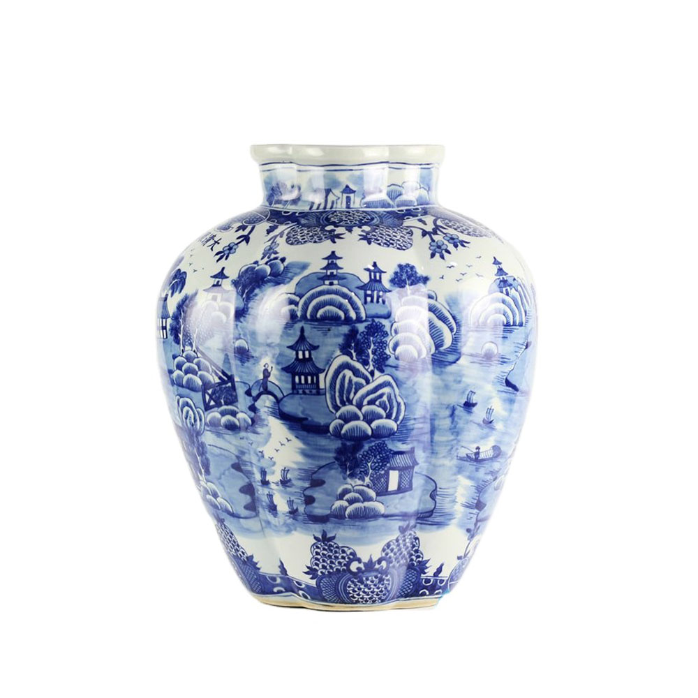 Blue White Chinoiserie Hand-painted Water Town Vase 41cm
