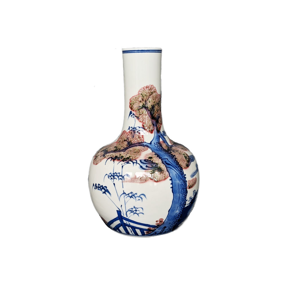 Blue White Chinoiserie Hand-painted Red Pine Vase 22cm
