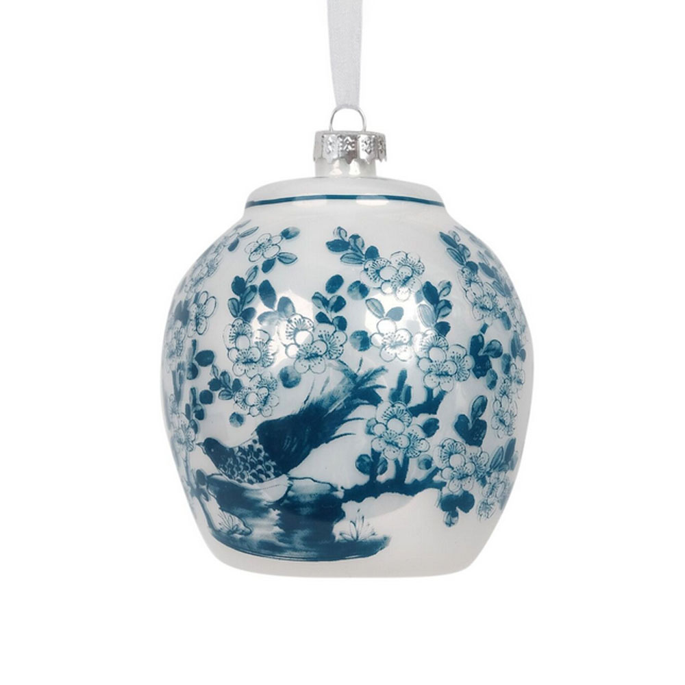 Blue White Chinoiserie Melon Jar Glass Ornament with Birds