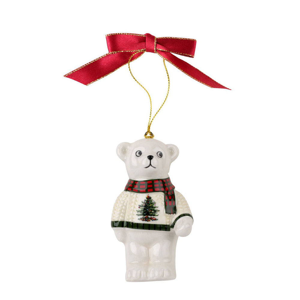 Spode Teddy Bear in Christmas Tree Sweater Porcelain Ornament