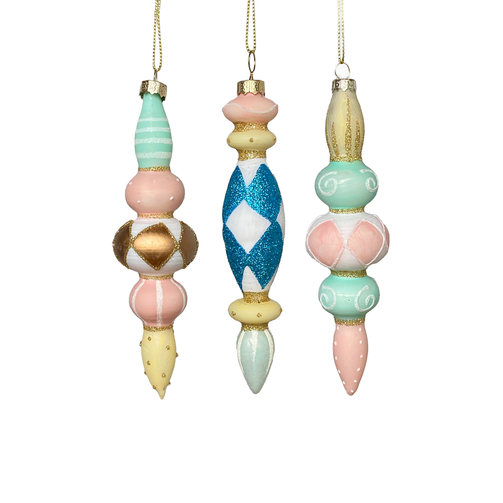 Mixed Pastel Glass Finial Ornament – Set of 3