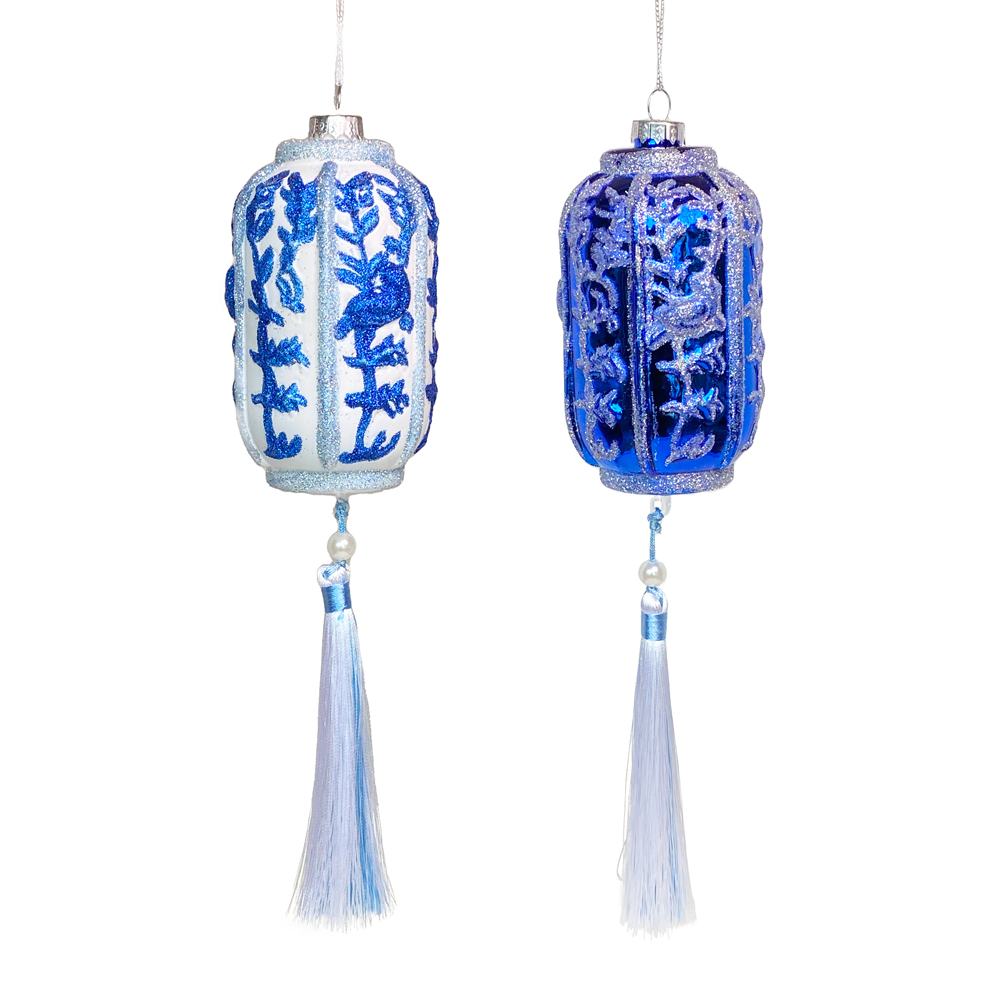 Set of 2 Glitter Blue White Lanterns with Tassels