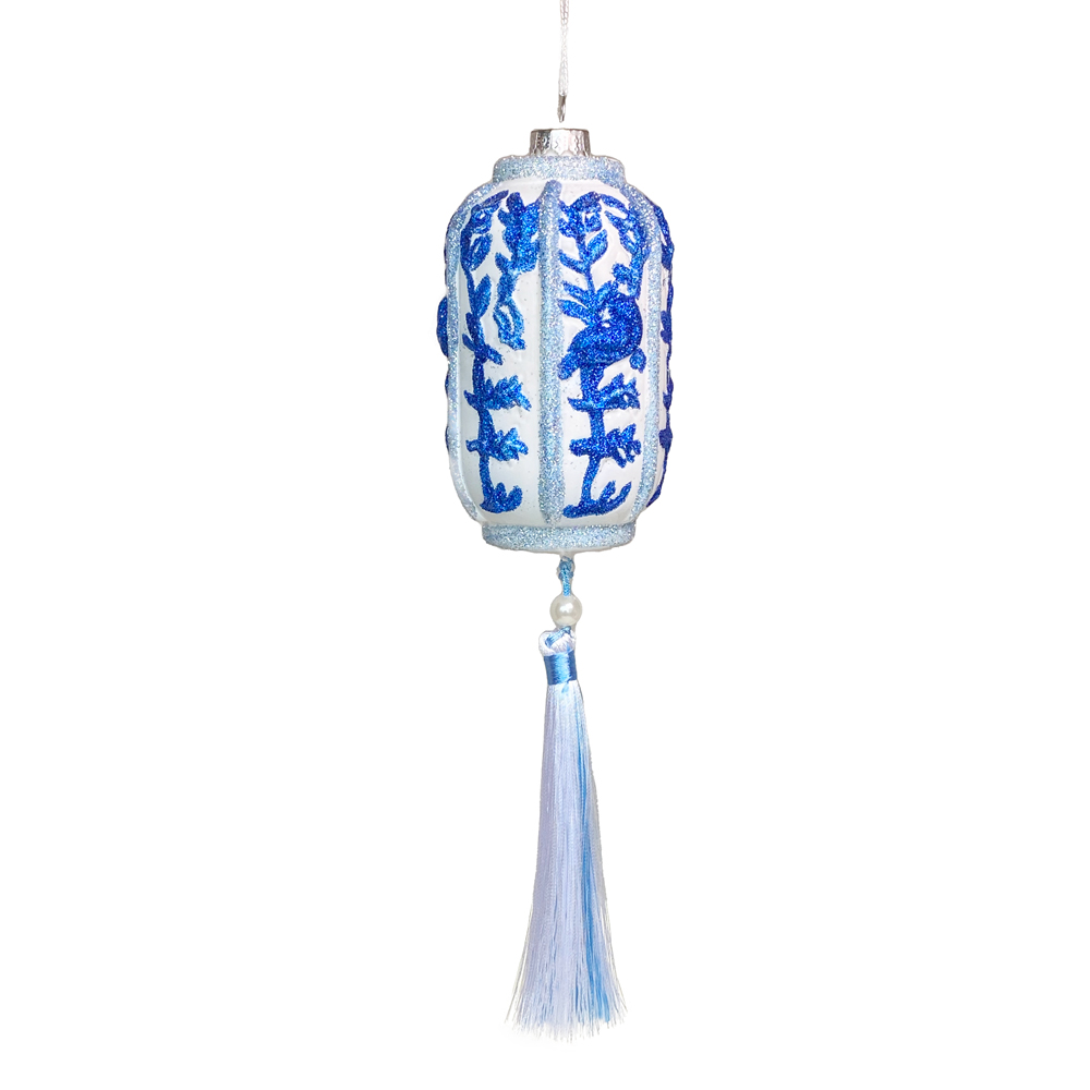 Set of 2 Glitter Blue White Lanterns with Tassels