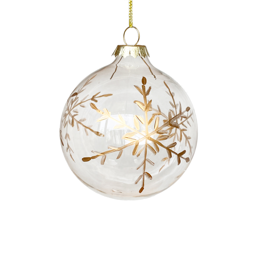 Clear Glass Ornament with Gold Snowflakes – Set of 6