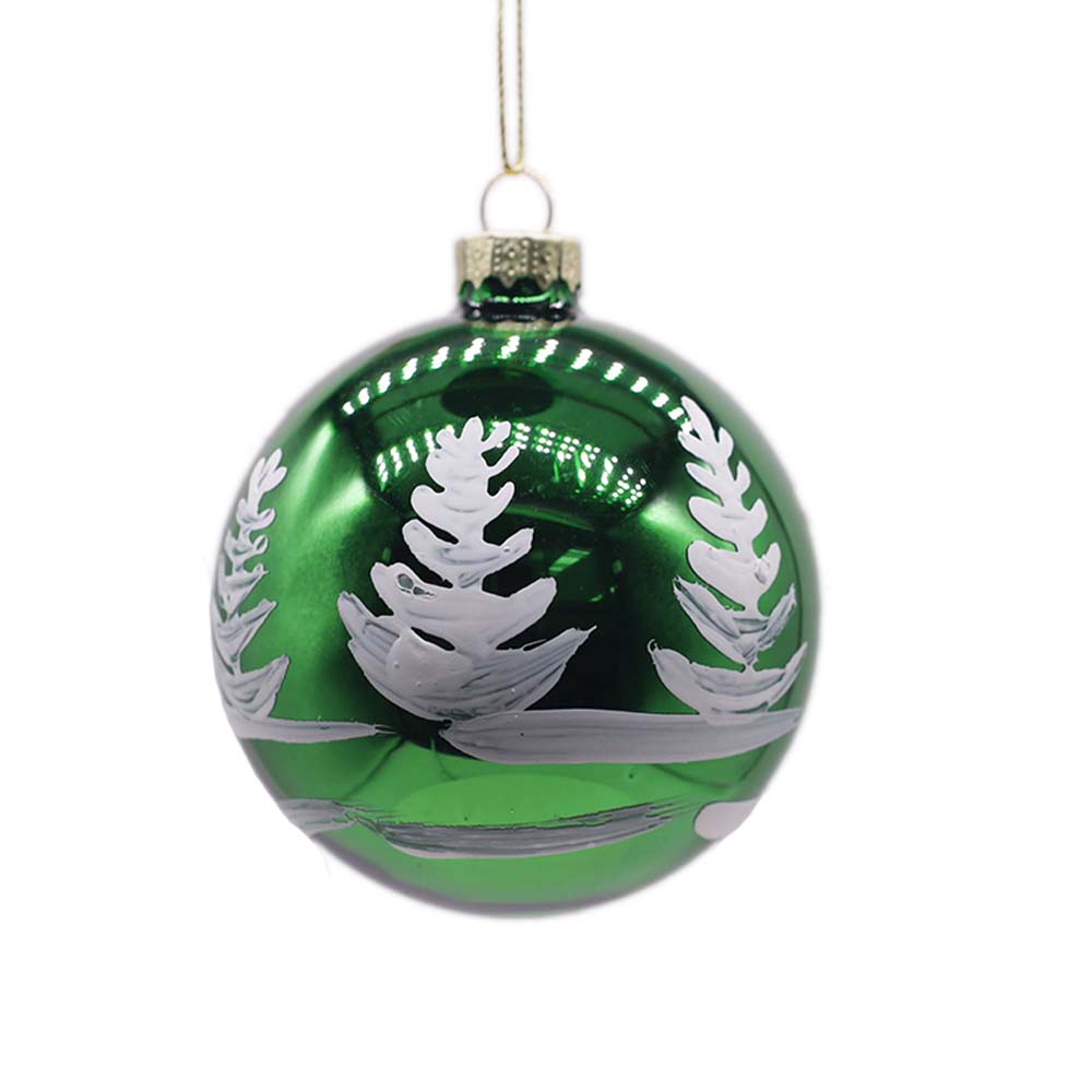 Green Glass Ball with White Christmas Tree Ornament – Set of 6