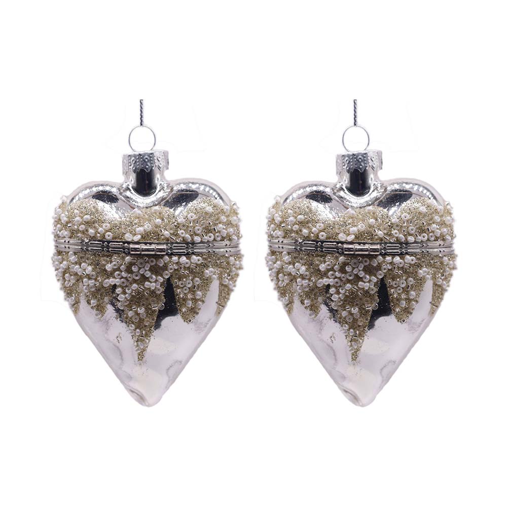 Silver Glass Locket Heart Ornament  – Set of 2