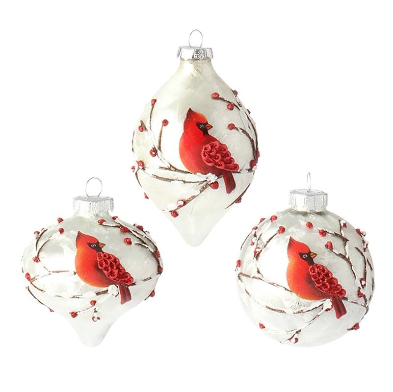 Set of 3 White Glass Balls with Red Cardinal Birds – Raz Imports