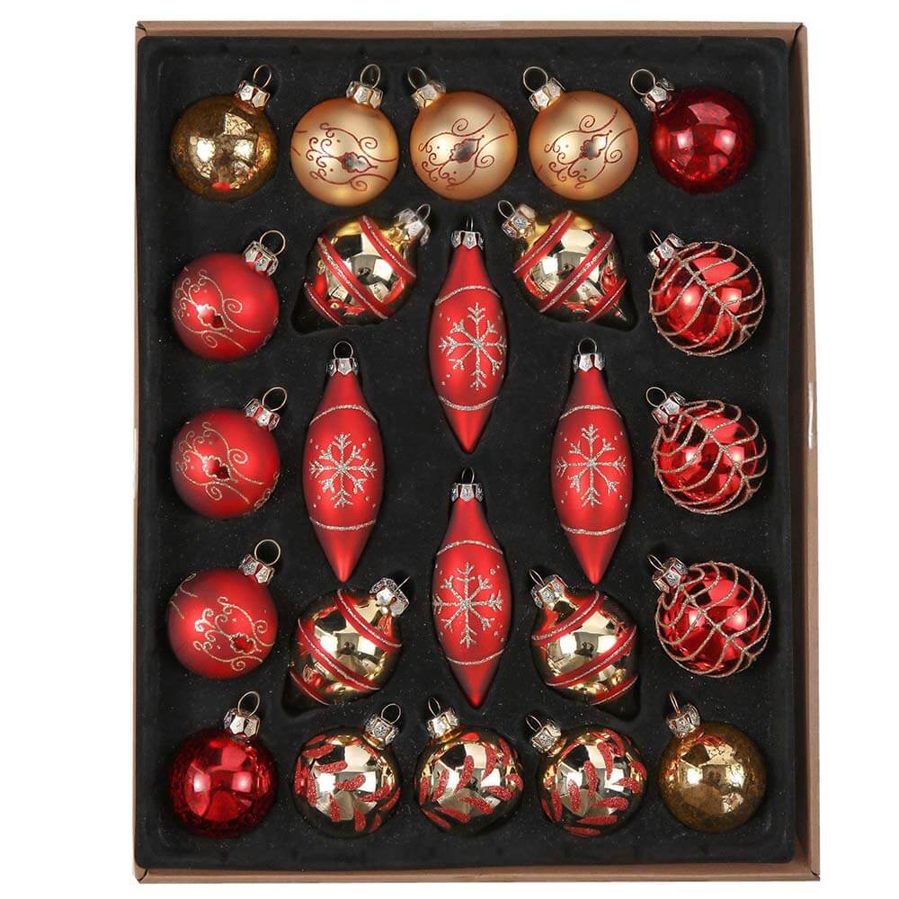 Set of 24 Assort Red Gold Glass Ornaments – Valery Madelyn