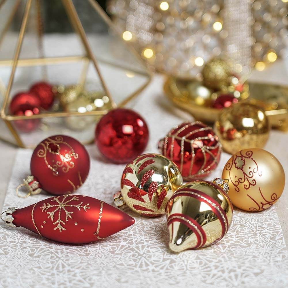 Set of 24 Assort Red Gold Glass Ornaments – Valery Madelyn