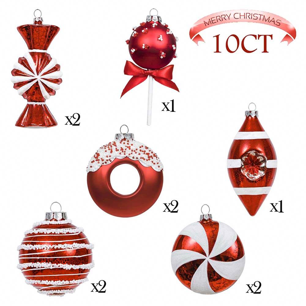 Set of 10 Red White Candy Theme Glass Ornaments – Valery Madelyn