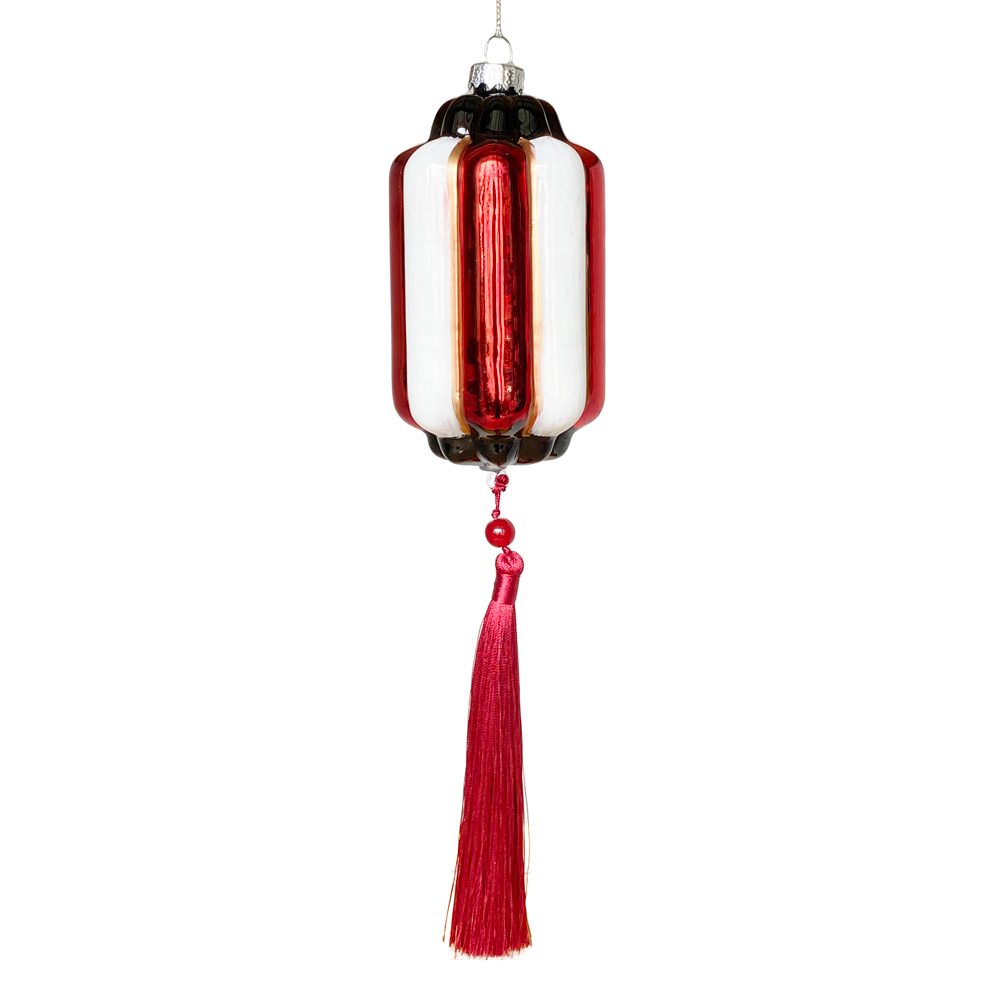 La Maison Chouette Red/White Glass Lantern with Tassel Ornament