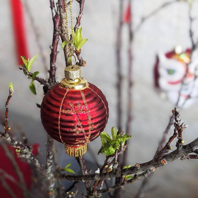 Glass Red Paper Lantern with Gold Bamboo Ornament