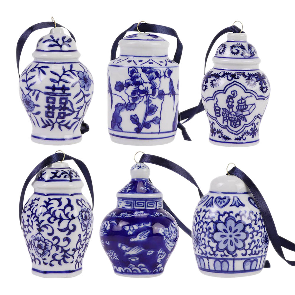 Chinoiserie Blue White Ceramic Ginger Jar Ornaments Design 02 – Set of 6