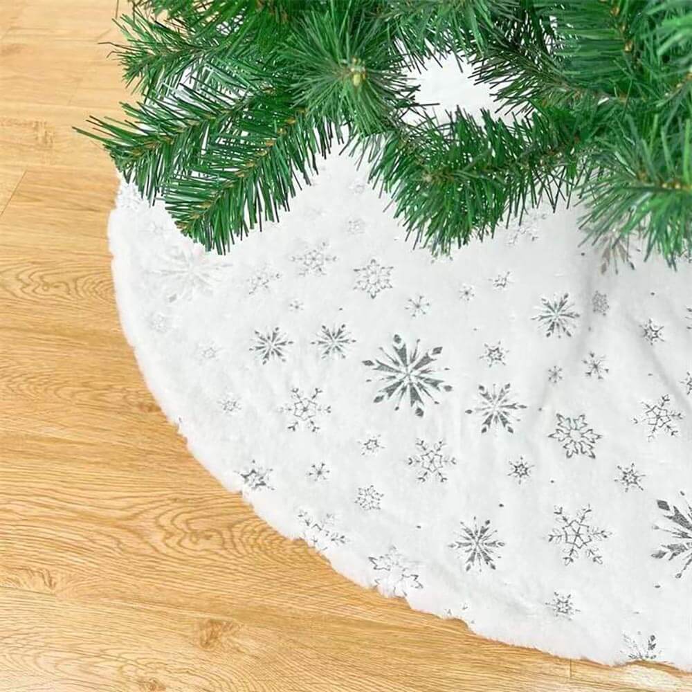 White Flannel Christmas Tree Skirt with Silver Snowflakes