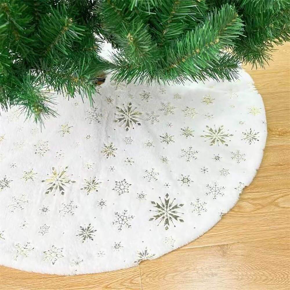 White Flannel Christmas Tree Skirt with Gold Snowflakes