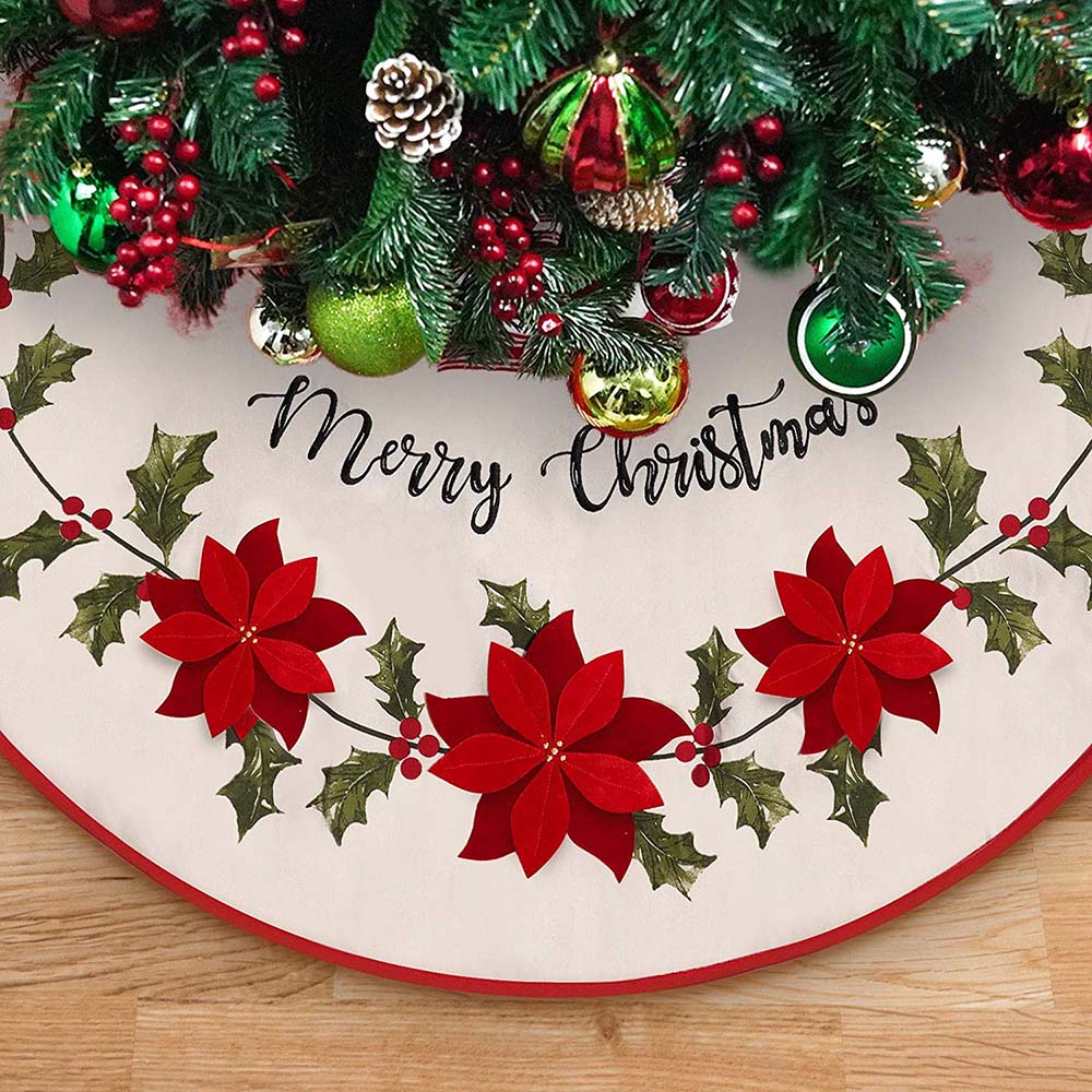 Burlap Rustic Tree Skirt with Holly Leaves and Poinsettia