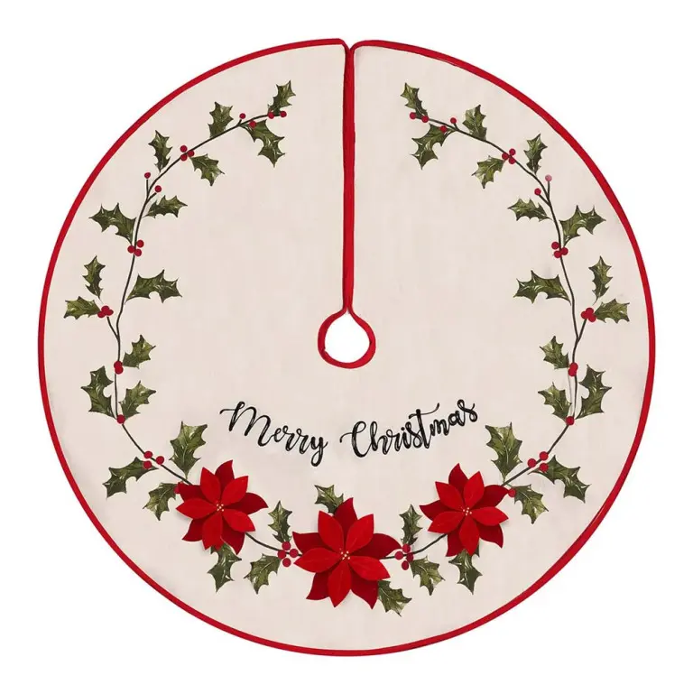 Burlap Rustic Tree Skirt with Holly Leaves and Poinsettia