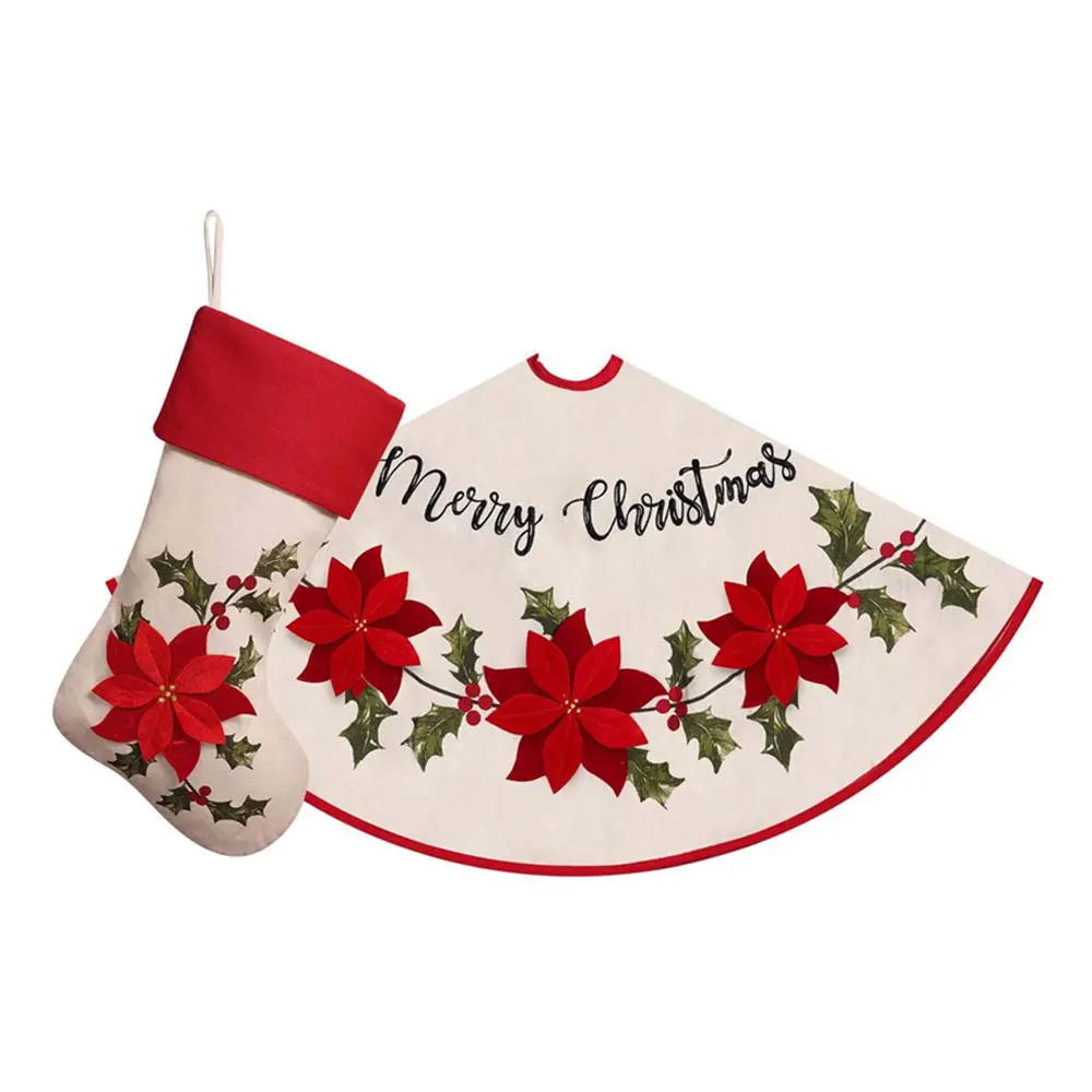 Burlap Rustic Tree Skirt with Holly Leaves and Poinsettia