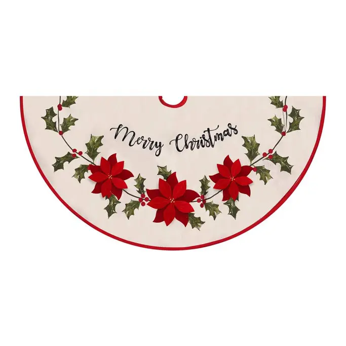 Burlap Rustic Tree Skirt with Holly Leaves and Poinsettia
