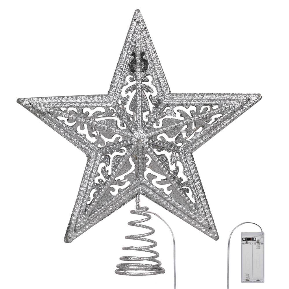 Silver 3D Metal Star Tree Topper with LED Light