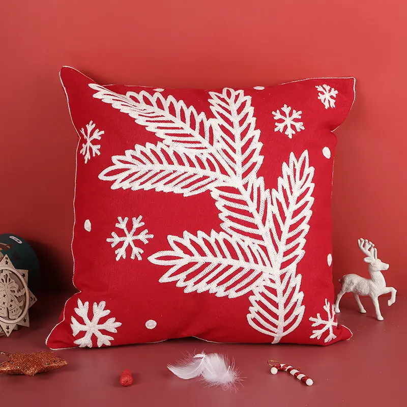 Cushion Cover with Pine Branch & Snowflakes Embroidery – 45x45cm